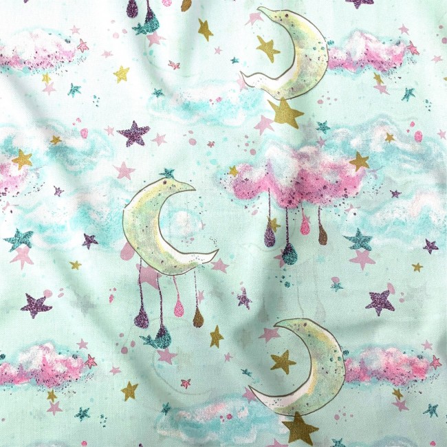 Cotton Fabric - Moons and Clouds, Mint