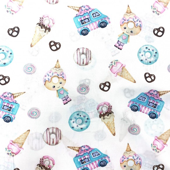Cotton Fabric - Ice cream and Donuts, Blue