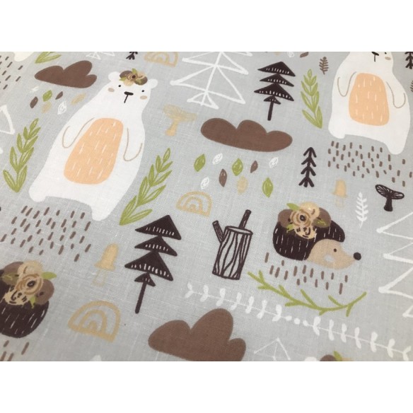 Cotton Fabric - Bears and Hedgehogs on Grey