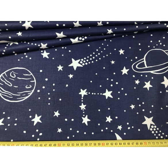 Cotton Fabric - Planets and Stars on Navy Blue
