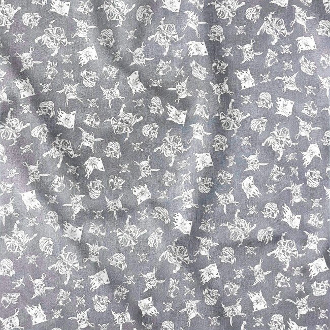 Cotton Fabric - Pirate Skulls on Grey