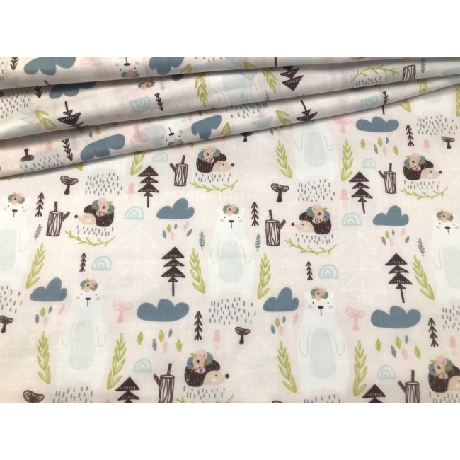 Cotton Fabric - Bears and Hedgehogs on Pink