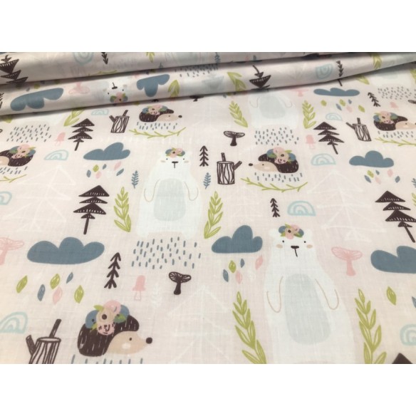 Cotton Fabric - Bears and Hedgehogs on Pink