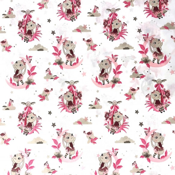 Cotton Fabric - Bunnies and moons, Pink