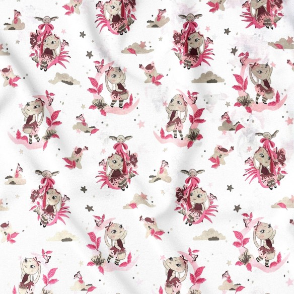 Cotton Fabric - Bunnies and moons, Pink