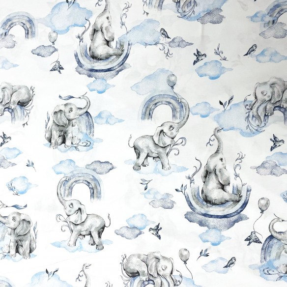 Cotton Fabric - Elephants, Blue