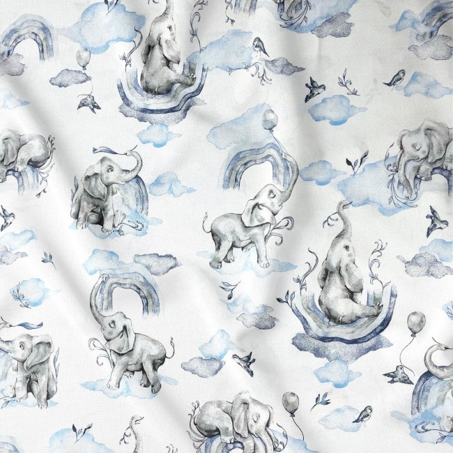 Cotton Fabric - Elephants, Blue