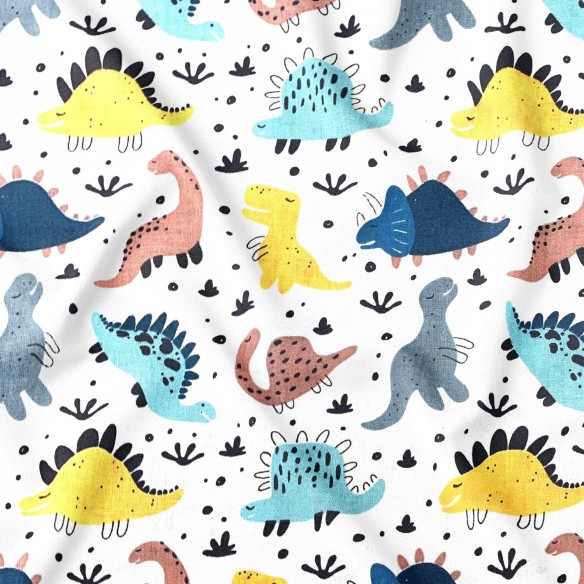 Cotton Fabric - Dinosaurs, Yellow and Turquoise