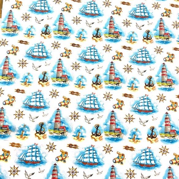 Cotton Fabric - Ships and Lighthouses