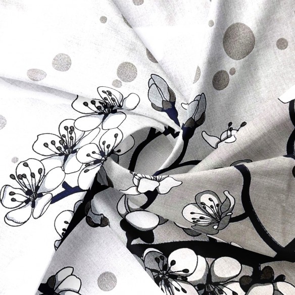 Bavlnená látka - čerešňový kvet na šedej