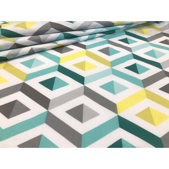 Cotton Fabric - Turquoise and Yellow Diamonds