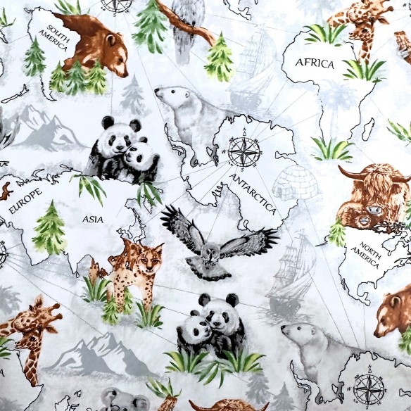 Cotton Fabric - Maps and animals