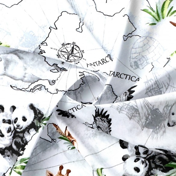 Cotton Fabric - Maps and animals