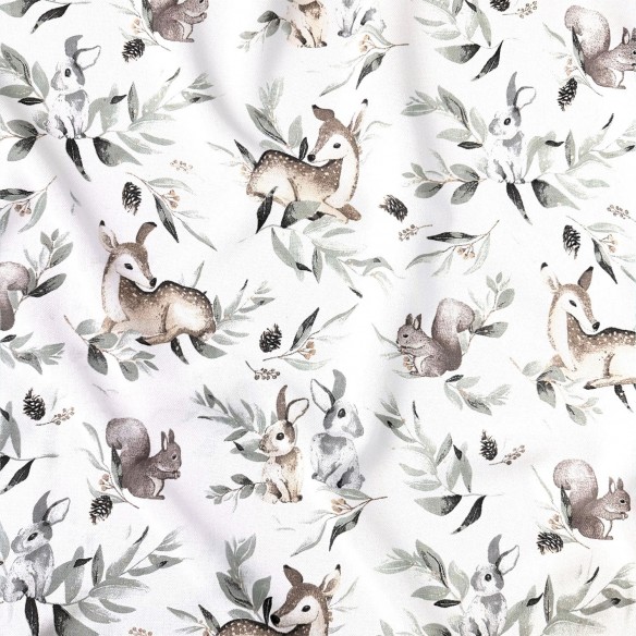 Cotton Fabric - Roe deer, bunnies and cones