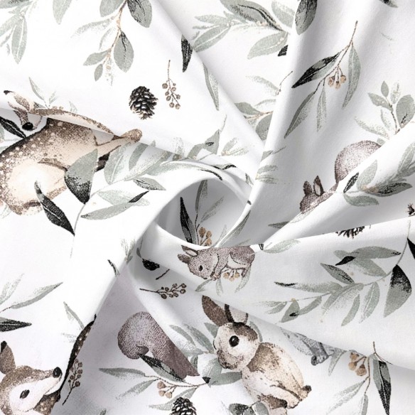 Cotton Fabric - Roe deer, bunnies and cones