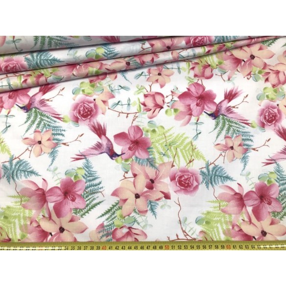 Cotton Fabric - Flowers and Hummingbird Pink