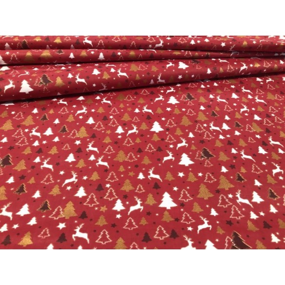 Cotton Fabric - Christmas Trees and Reindeer Red