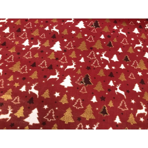 Cotton Fabric - Christmas Trees and Reindeer Red