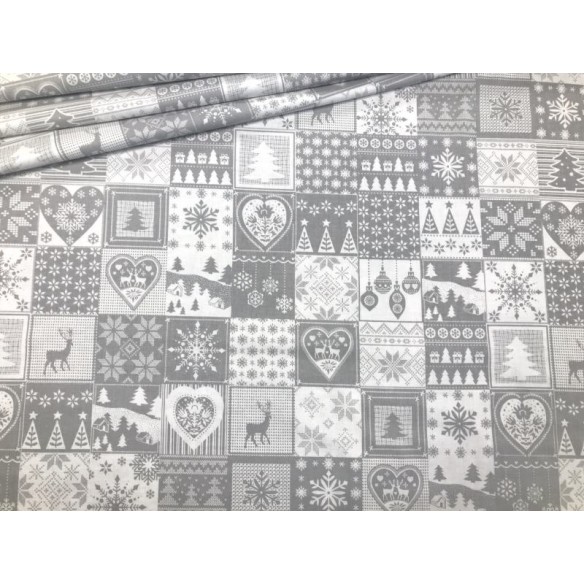 Cotton Fabric - Christmas Patchwork Tiles Grey