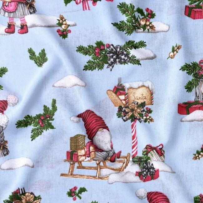 Cotton Fabric - Christmas Gnomes, Blue