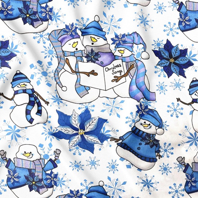 Bavlněná látka - vánoční modří sněhuláci