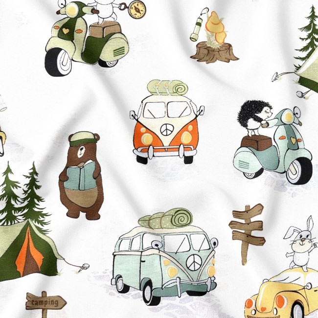 Cotton Fabric - Pets at the campsite,...