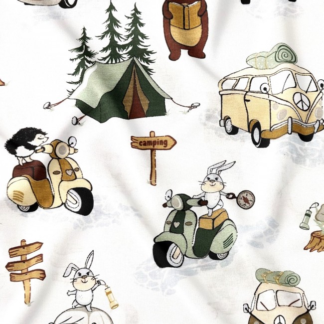 Cotton Fabric - Pets at the campsite,...