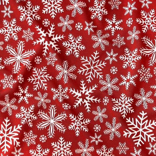 Katoenstof - Kerstsneeuwvlokken Rood