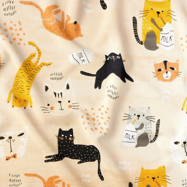 Cotton Fabric - Cats with Milk Beige