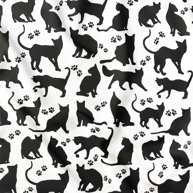 Cotton Fabric - Big Black Cats on White