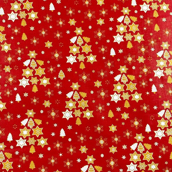 Cotton Fabric - Golden Christmas Trees Red