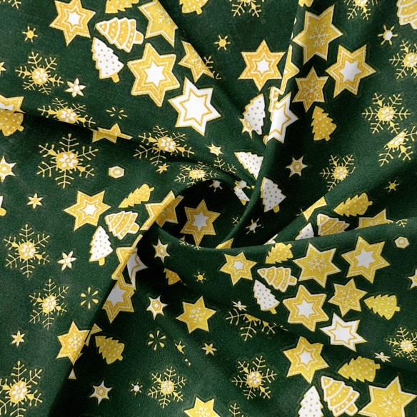 Cotton Fabric - Golden Christmas Trees Green