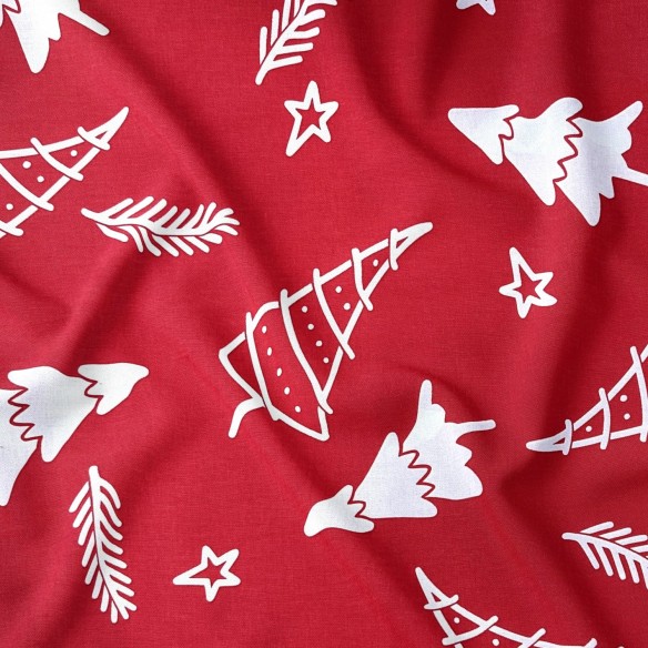 Cotton Fabric - White Christmas Trees and Twigs on Red