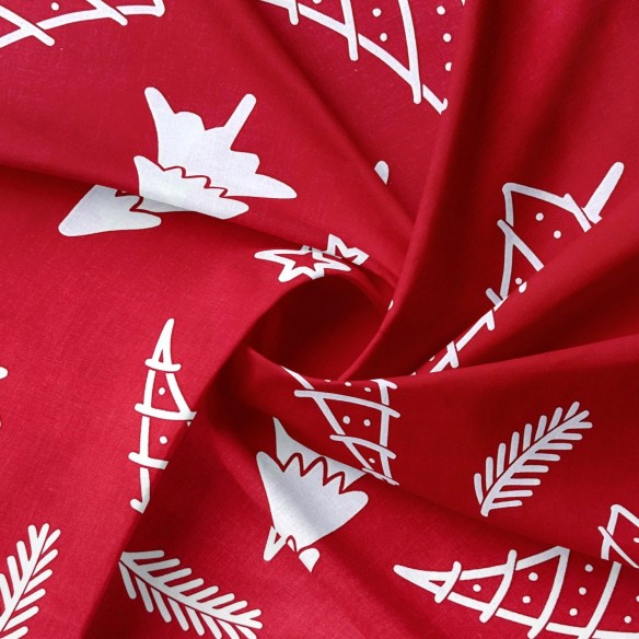 Cotton Fabric - White Christmas Trees and Twigs on Red