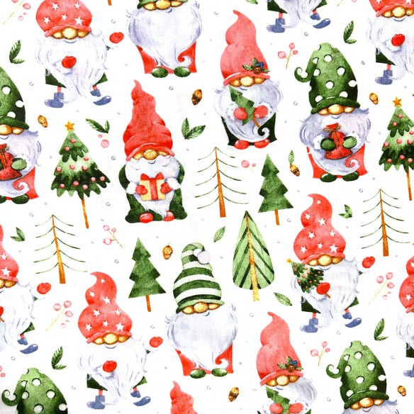 Cotton Fabric - Christmas gnomes and trees