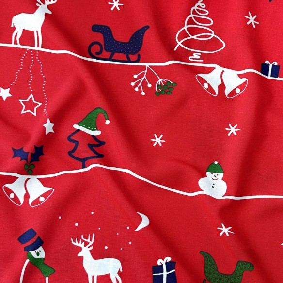 Cotton Fabric - Snowman, reindeer and Christmas trees