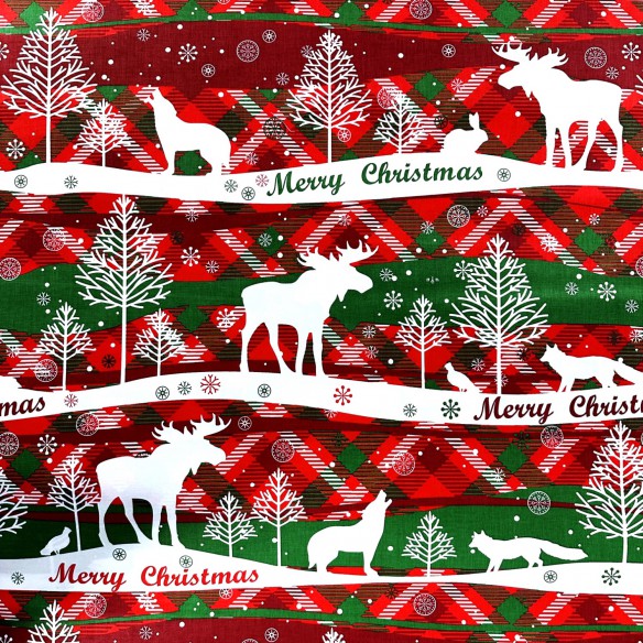 Cotton Fabric - Christmas forest, red and green