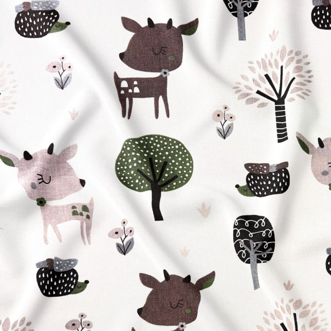 Cotton Fabric - Deer and hedgehogs, Green and Brown