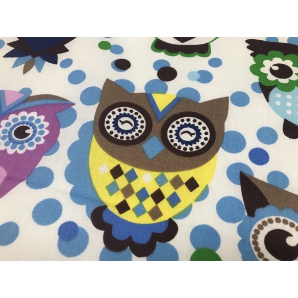 Cotton Fabric - Colorful Owls Blue