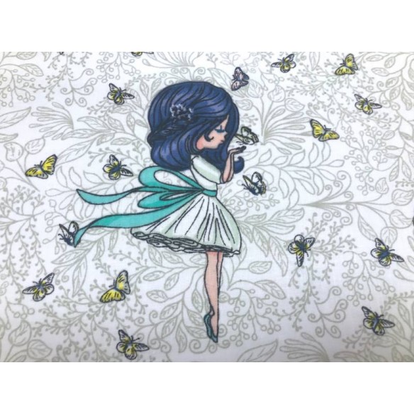 Cotton Fabric - Blue Fairy on White