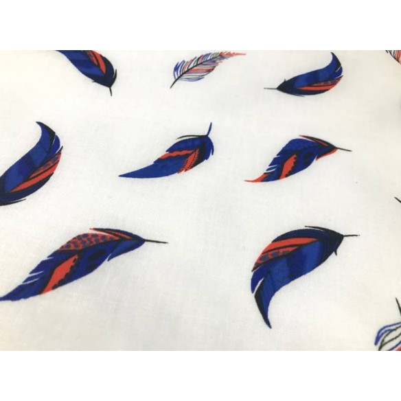 Cotton Fabric - Light Feathers Navy Blue and Orange