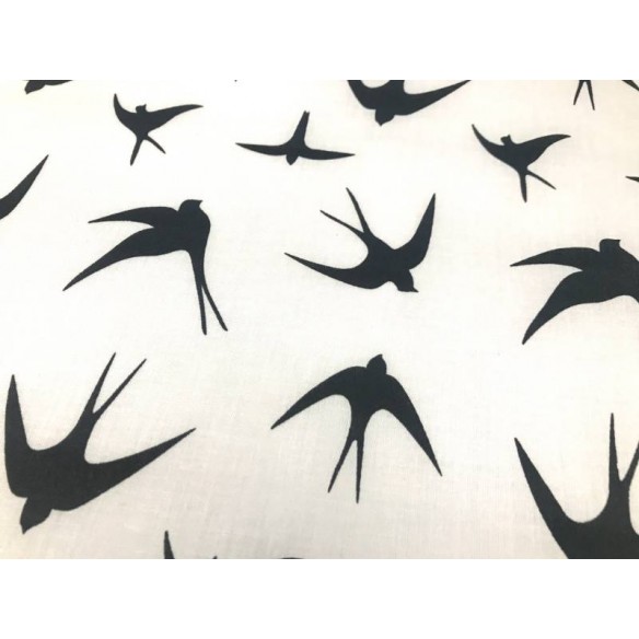 Cotton Fabric - Black Swallows on White