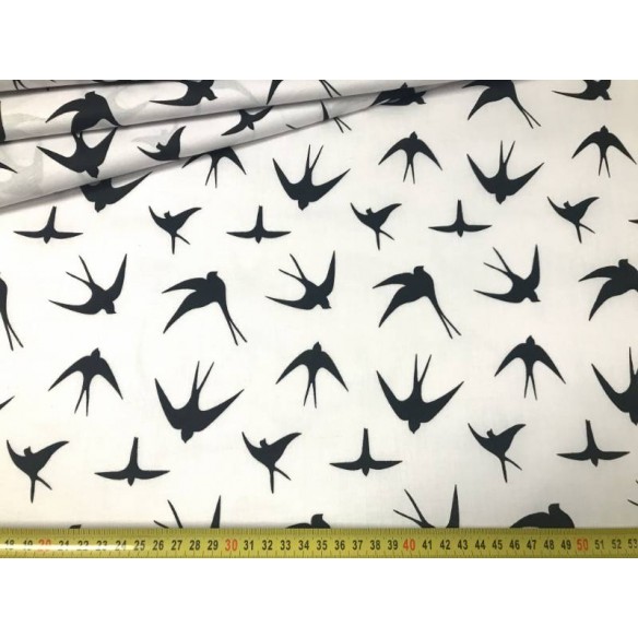 Cotton Fabric - Black Swallows on White
