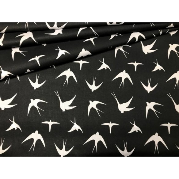 Cotton Fabric - White Swallows on Black