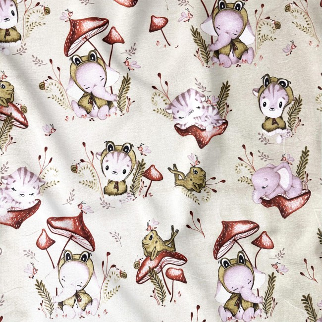 Cotton Fabric - Baby Cat and Elephants