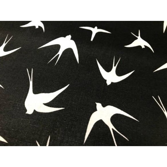 Cotton Fabric - White Swallows on Black