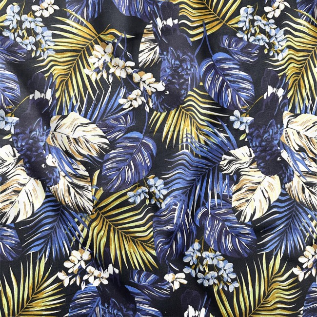 Cotton fabric - Leaves, gold and navy blue