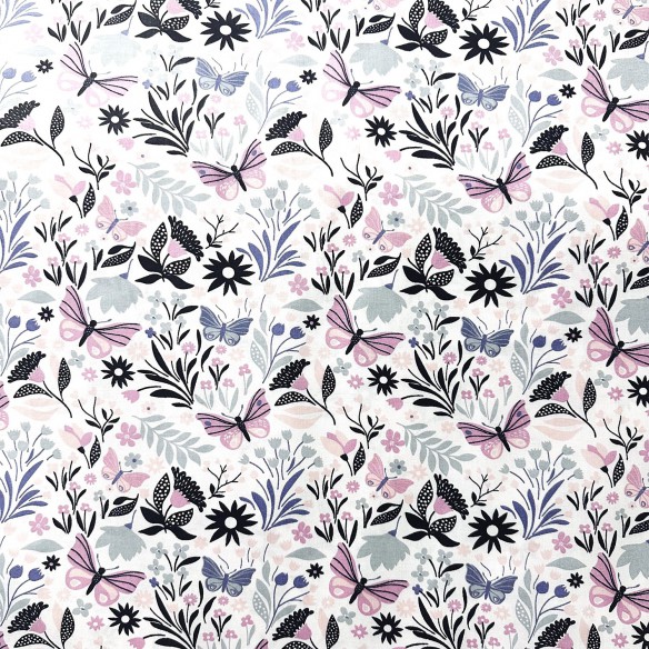Cotton Fabric -Butterflies, Purple and pink