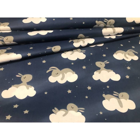 Cotton Fabric - Bunnies and Clouds on Navy Blue