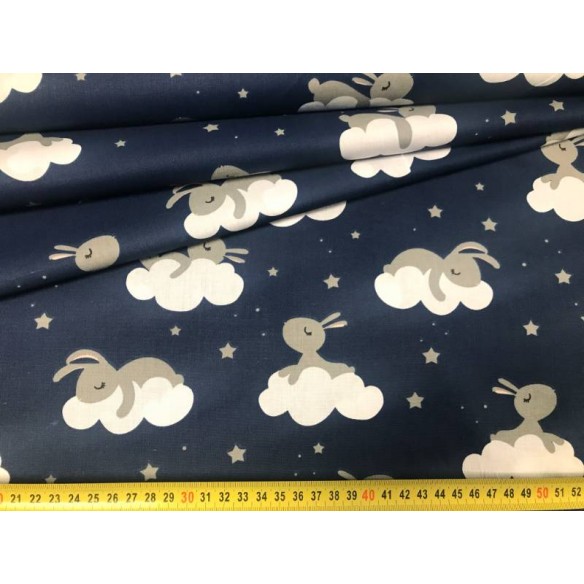 Cotton Fabric - Bunnies and Clouds on Navy Blue